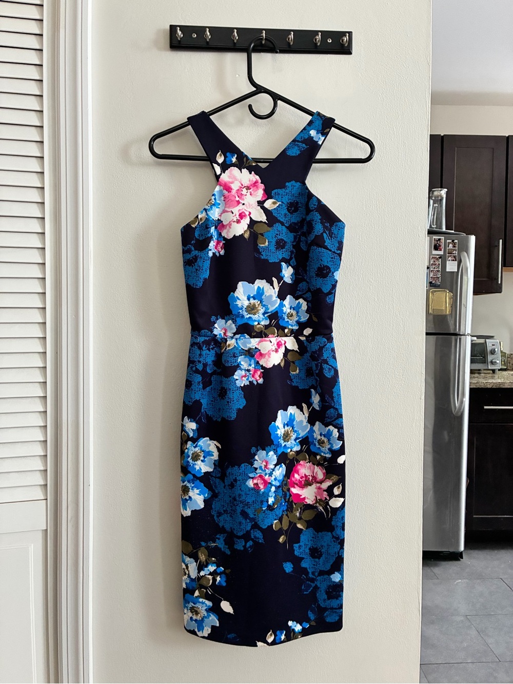 Aqua Navy Floral Sheath Dress with Blue and Pink Blooms